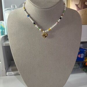 Coach Choker Gold Heart Pendant Pearl Beaded Necklace - Multicolor